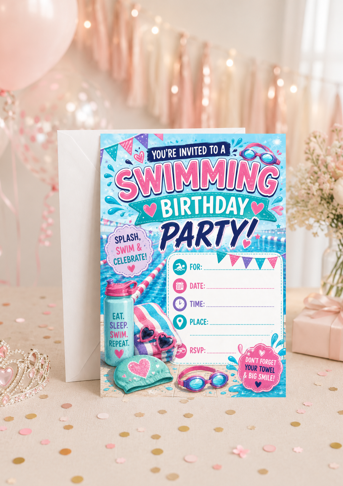 Birthday Party Invitation - Pink Swimming (BI0013) *DIGITAL DOWNLOAD*