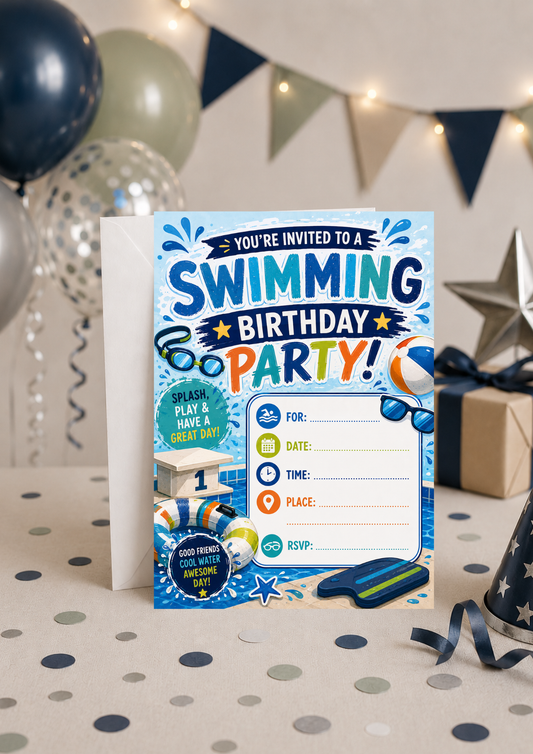 Birthday Party Invitation - Blue Swimming (BI0014)