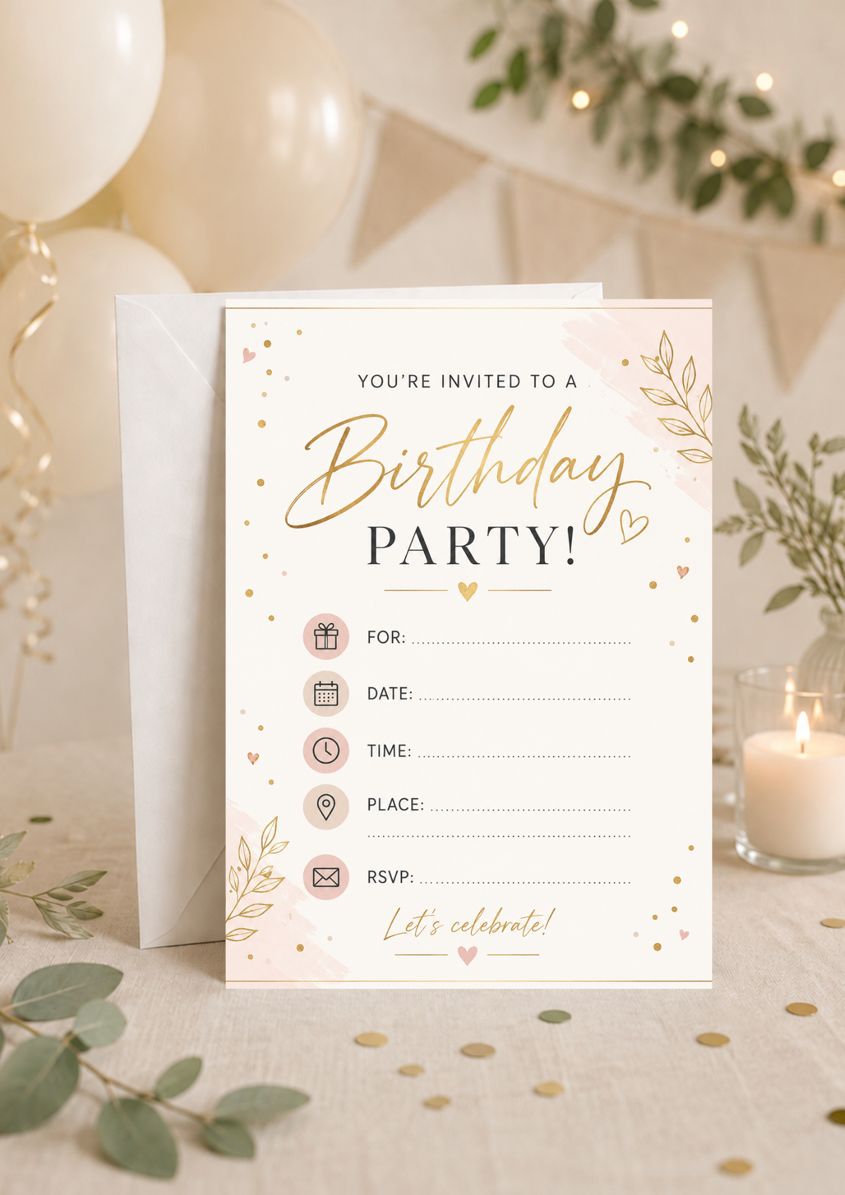 Birthday Party Invitation - Pink & Gold (BI0039) *DIGITAL DOWNLOAD*