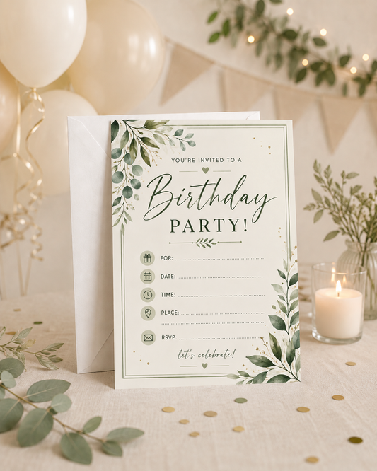 Birthday Party Invitation - Green Leaves (BI0042) *DIGITAL DOWNLOAD*