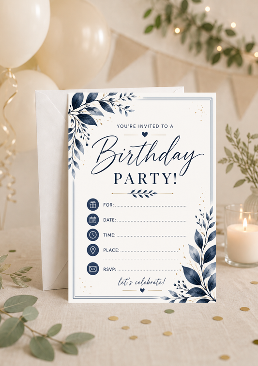 Birthday Party Invitation - Navy Leaves (BI0043) *DIGITAL DOWNLOAD*
