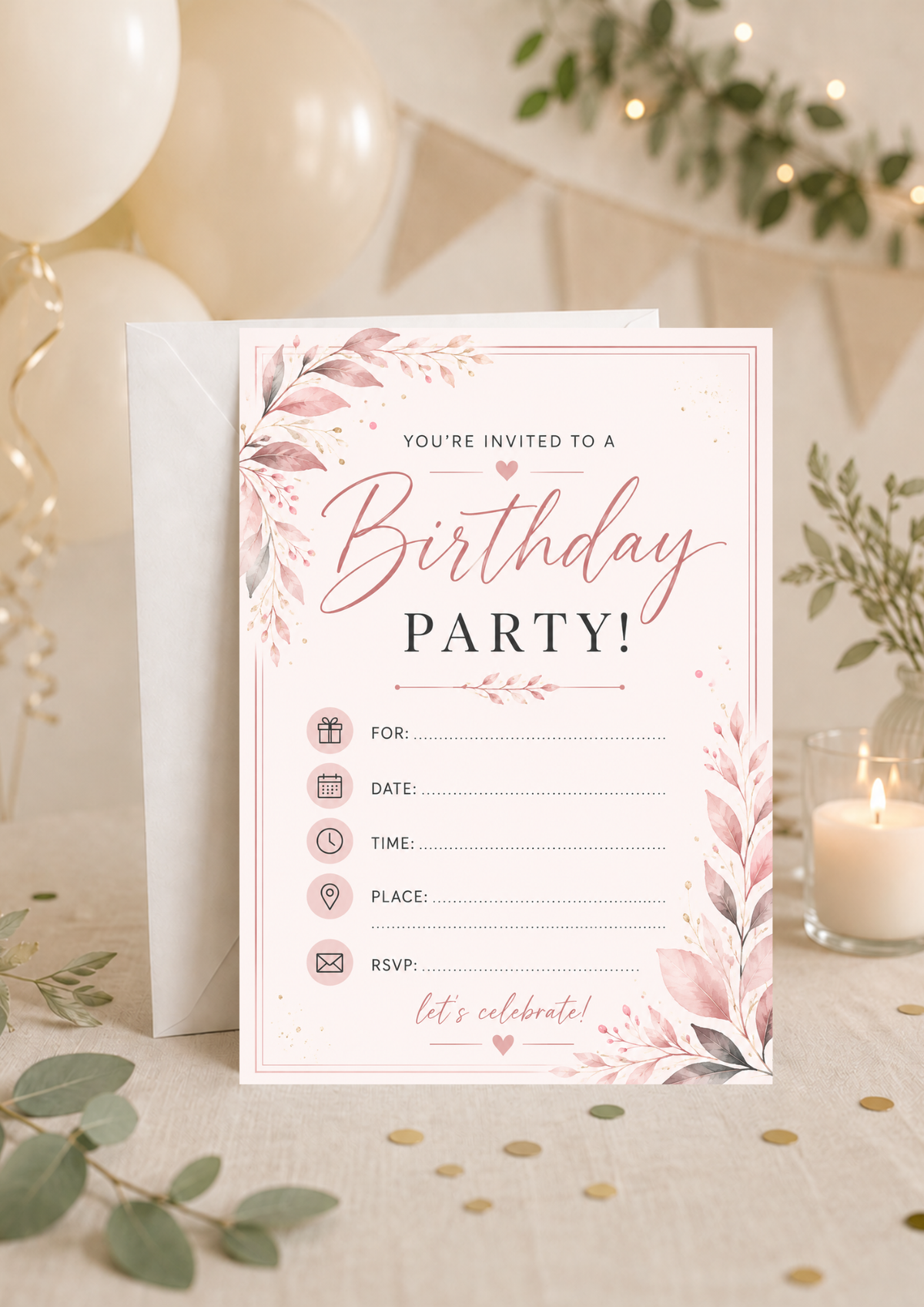 Birthday Party Invitation - Pink Leaves (BI0044) *DIGITAL DOWNLOAD*
