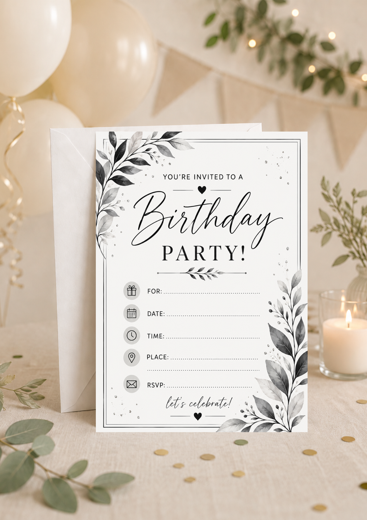 Birthday Party Invitation - Grey Leaves (BI0045) *DIGITAL DOWNLOAD*