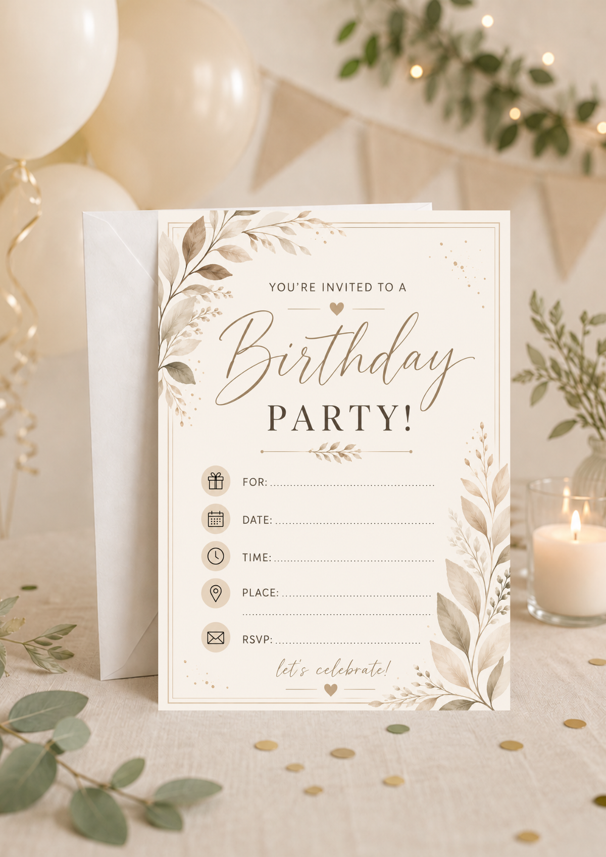 Birthday Party Invitation - Beige Leaves (BI0046)