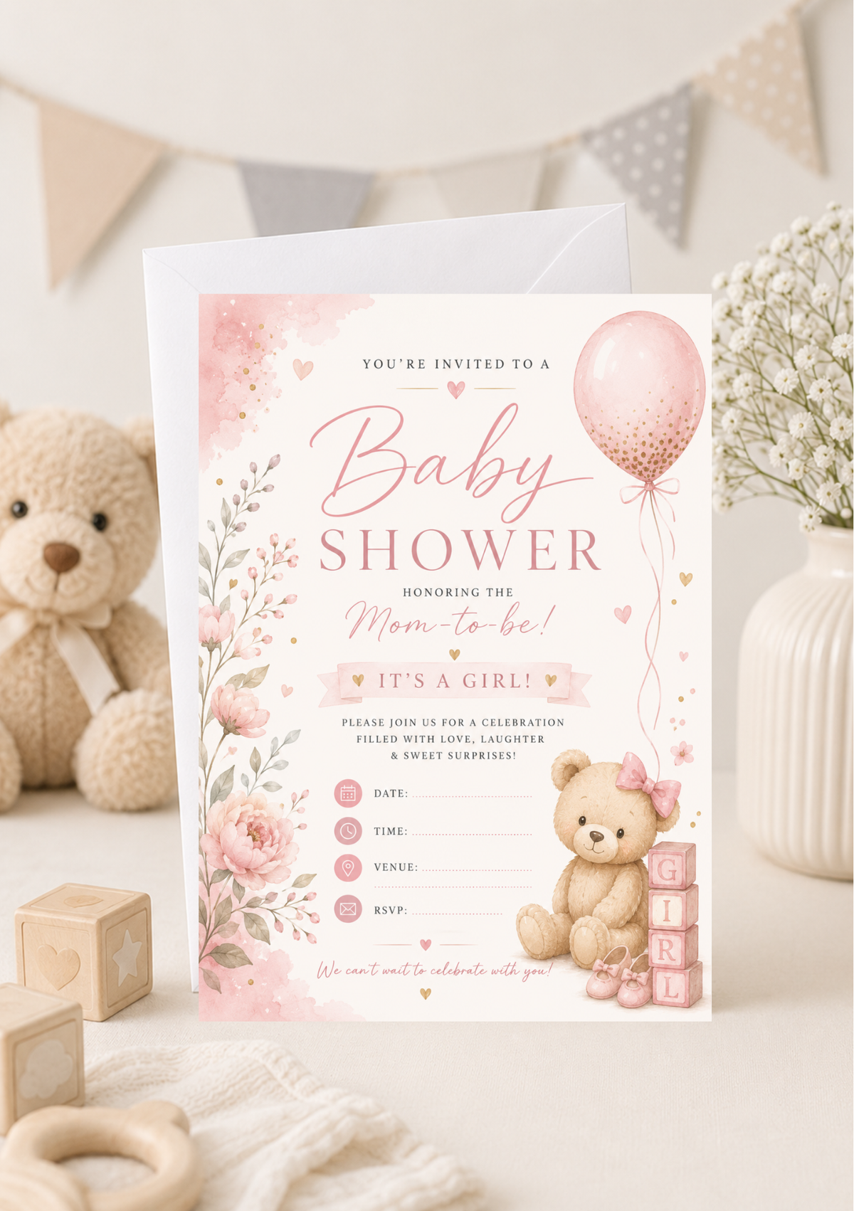 Baby Shower Invitation - Pink Bear (BSI0002)