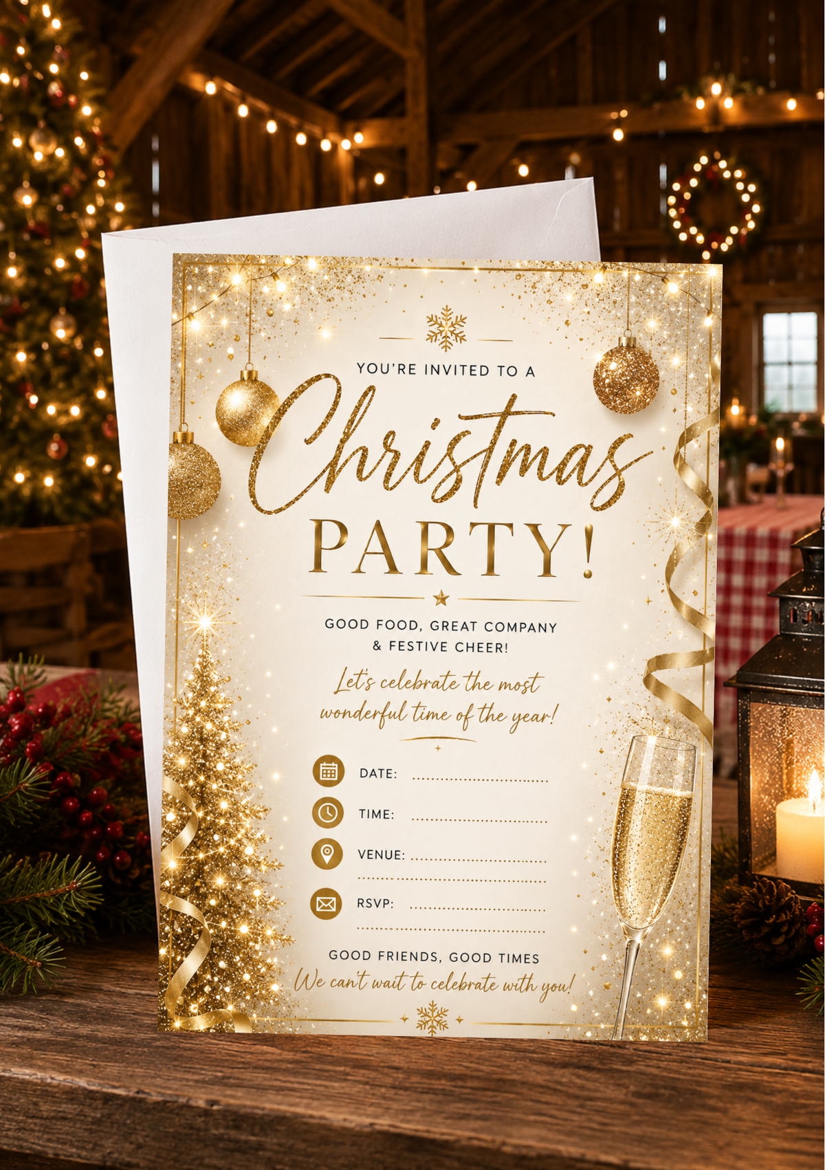Christmas Party Invitation - Gold Glitter (CPI0007) *DIGITAL DOWNLOAD*