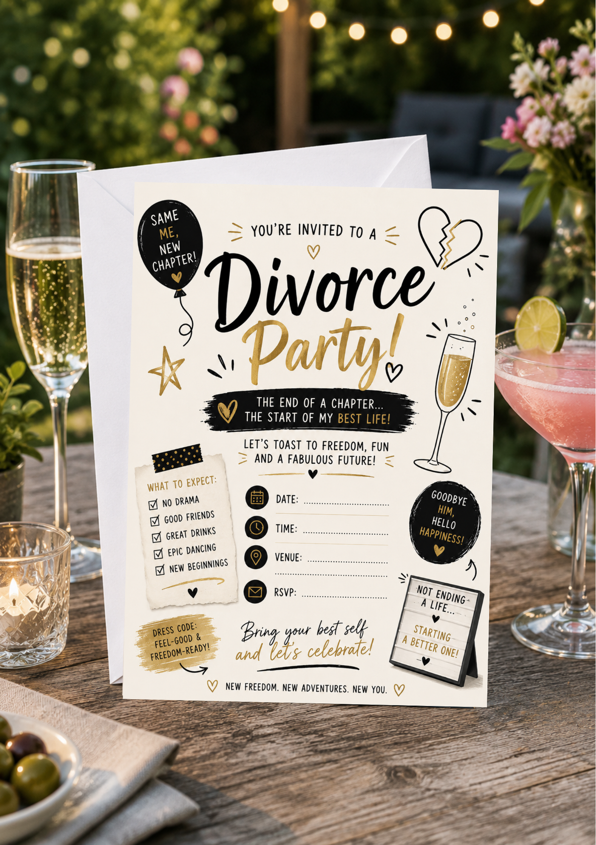Divorce Party Invitation - Black & Gold (DPI0005)