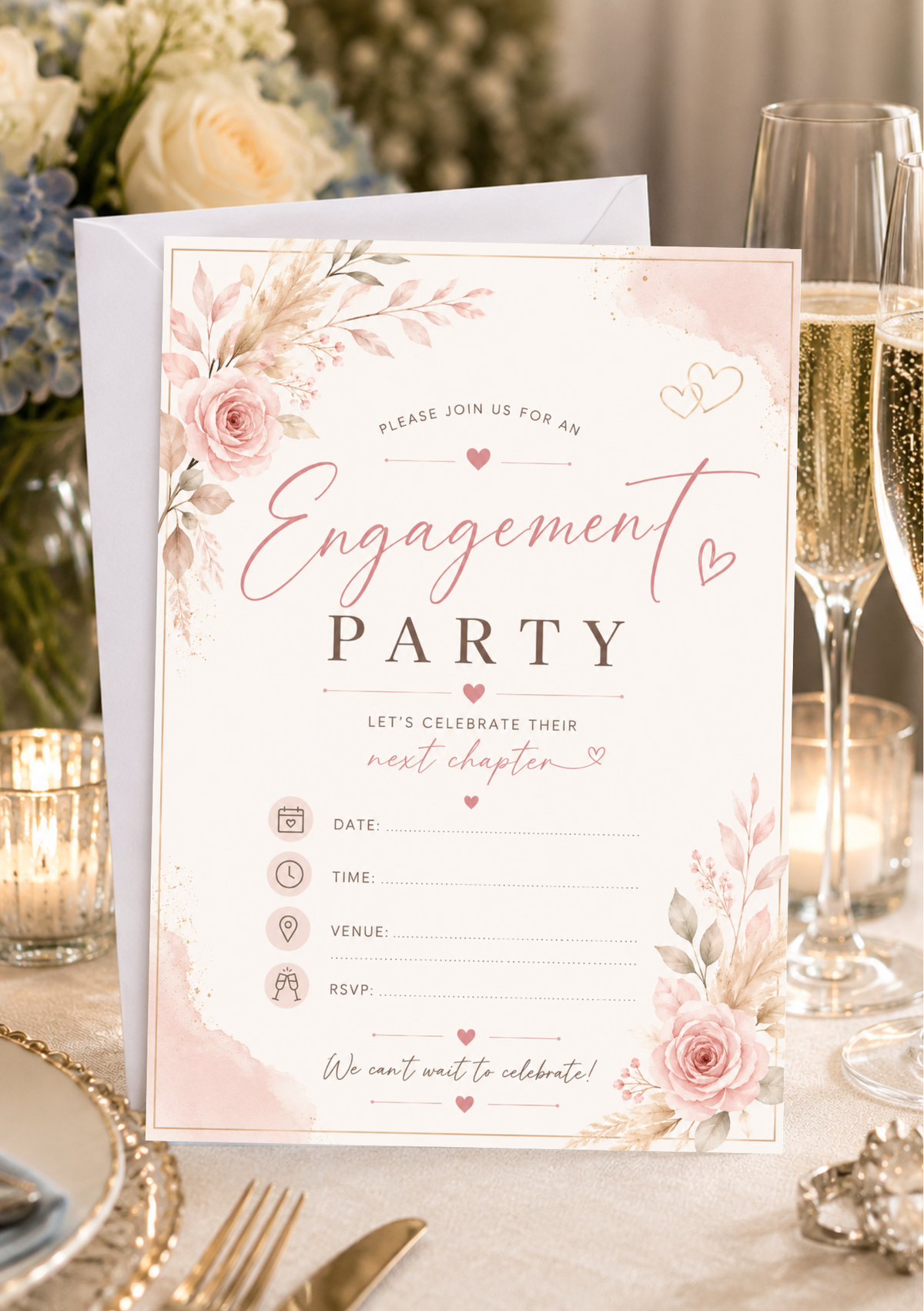 Engagement Party Invitation - Pink Flowers (EI0002)