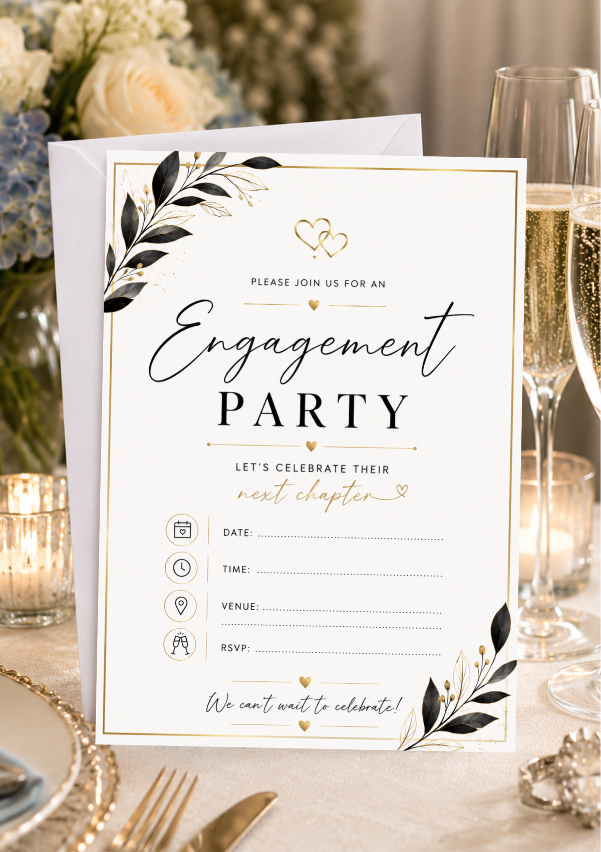 Engagement Party Invitation - Black & Gold Hearts (EI0004) *DIGITAL DOWNLOAD*