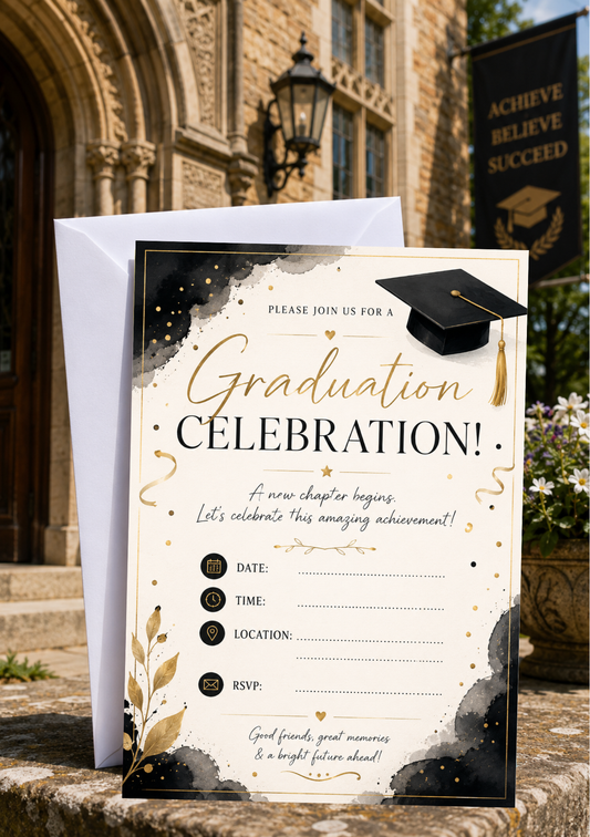 Graduation Celebration Invitation - Black & Gold (GC0005) *DIGITAL DOWNLOAD*