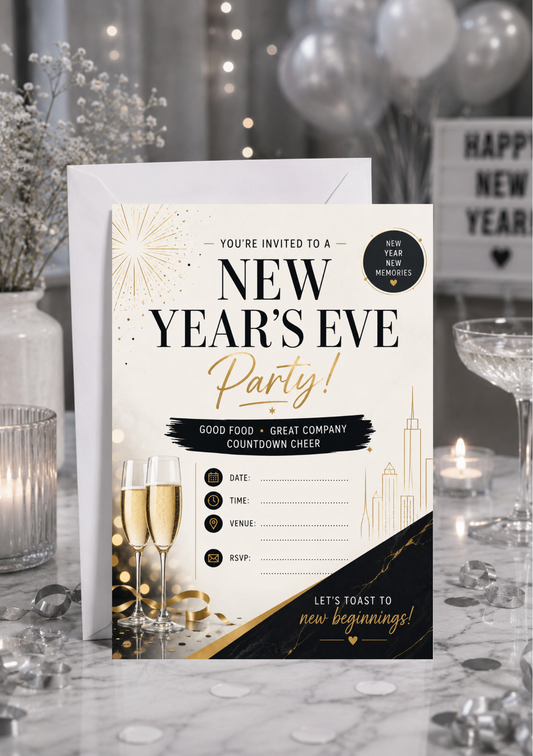 New Years Eve Party Invitation - Black & Gold (NYE0005) *DIGITAL DOWNLOAD*